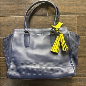 Coach Dark Blue Tote with Bright Yellow Details